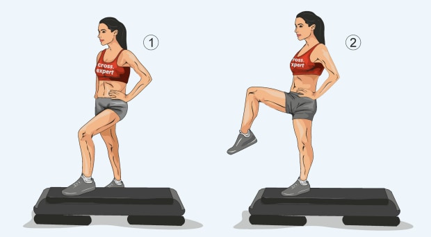 Зашагивание на степ с поднятием колена второй ноги