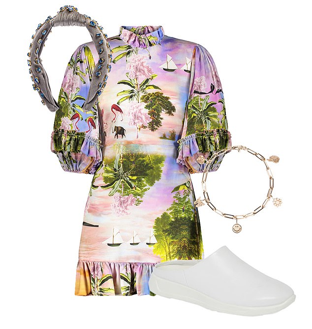 Shop it:  Candy Knotted Headband by Lela Sadoughi, $198; revolve.com. Catalina Ruffle Shift Dress by Cynthia Rowley, now $368; olivela.com. Serenity Charm Bracelet by Voski by JN, $1,075; voskibyjn.com. Flexure Runner Mule Sneaker by Ecco, now $81; nordstrom.com.