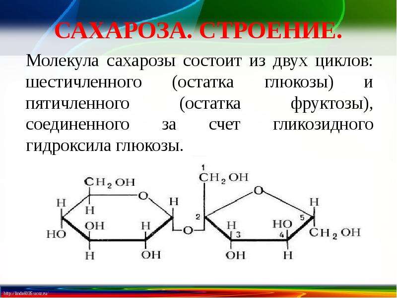 Сахароза состоит из глюкозы и фруктозы. Молекула сахарозы состоит из остатков Глюкозы и фруктозы. Циклическая форма молекулы сахарозы. Сахароза циклическая формула.